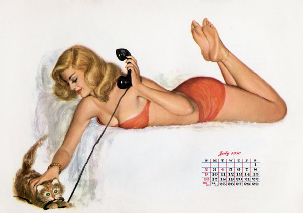 Pin up with a cat playing with phone wire, from Esquire Girl calendar od 