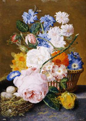 Roses, Morning Glory, Narcissi, Aster And Other Flowers In A Basket With Eggs In A Nest On A Marble