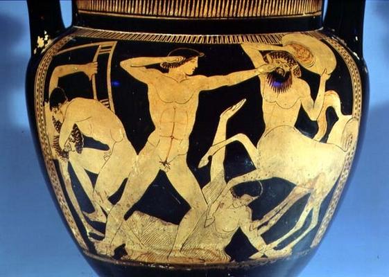 Red-figure vase depicting the battle between the centaurs and the lapiths, detail of warriors, Greek od 