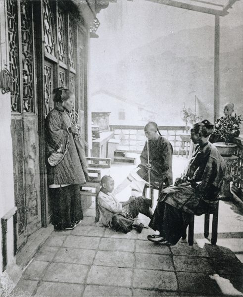 Servants smoking tobacco on their master''s veranda, from Illustrations of China by J Thompson, 1873 od 