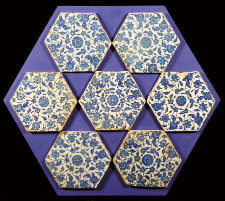 Seven Iznik Blue And White Hexagonal Pottery Tiles, Circa 1540 od 