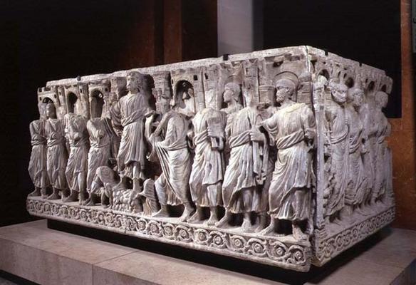 Sarcophagus depicting Christ and the Apostles, Roman (marble) od 