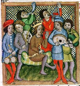 Seated crowned figure surrounded by musicians playing the lute, bagpipes, triangle, horn, viola and