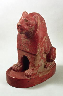 Statuette of a Lion seated on a plinth, from the temple precinct at Hierakonpolis, Egyptian, late Pr od 