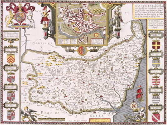 Suffolk and the situation of Ipswich, engraved by Jodocus Hondius (1563-1612) from John Speed's 'The od 