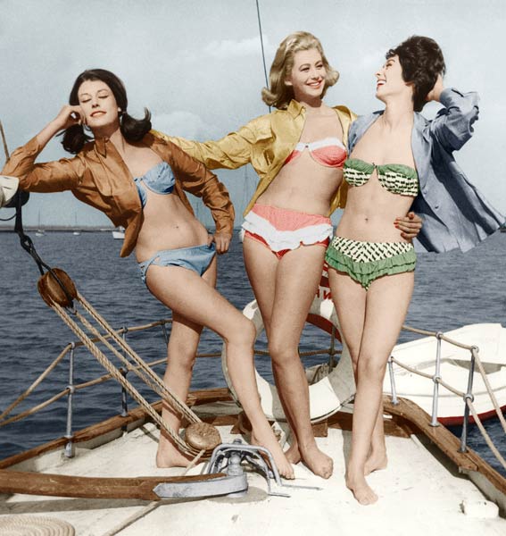 Three young women wearing bikinis colourized document od 