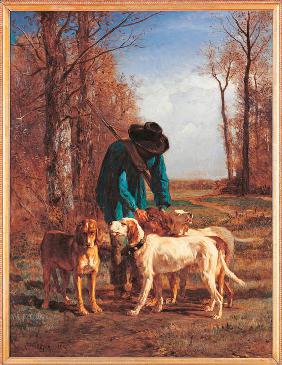 The game keeper stops near his dogs dog forest wood trail tree azure light blue brown hat rifle.