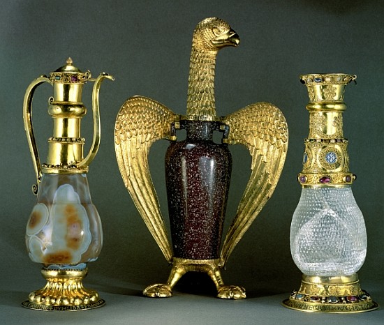 Three liturgical vessels incorporating antique vessels of sardonyx, porphyry and crystal set in 12th od 