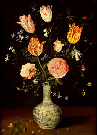 Tulips, Roses,  Forget-Me-Nots And Other Flowers In A Late Ming Blue And White Vase od 
