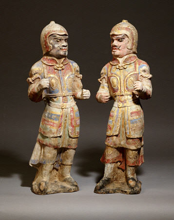 Two Very Rare Gilt And Polychrome Painted Pottery Figures Of Warriors od 