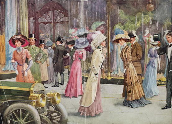 The Exterior of Harrod's Department Store, Fashion Plate, 1909 (chromolitho) od 