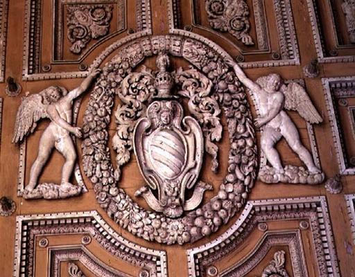The 'Galleria', detail of stucco ceiling decorated with the coat of arms of the Sacchetti marquises, od 
