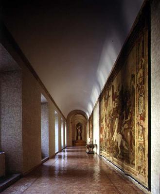 The main corridor on the piano nobile decorated with hanging tapestries, designed by Antonio da Sang od 