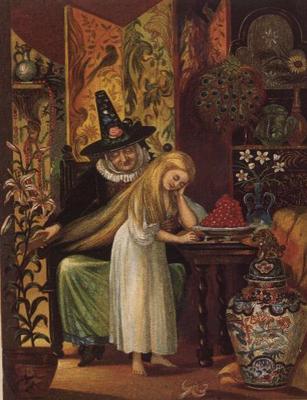 The Old Witch combing Gerda's hair with a golden comb to cause her to forget her friend, in The Snow od 