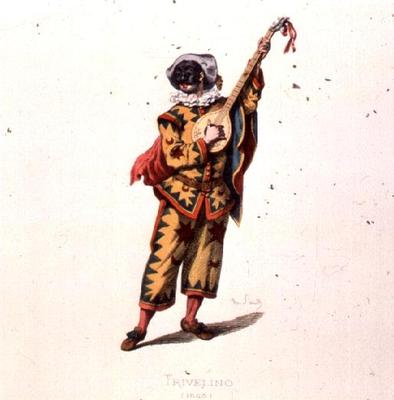 Trivelino, Character from the Commedia dell'Arte, by Sand, 19th century (coloured engraving) (see al od 