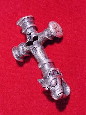 Viking amulet in the shape of a cross with a dragon''s head design (silver)