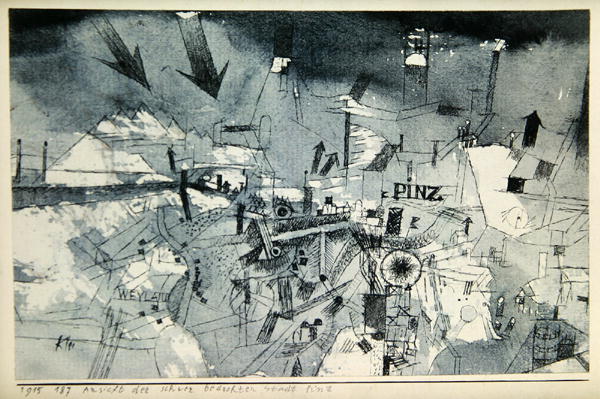 View of the severely threatened city of Pintz, 1915 (no 187) (pen and w/c on paper on cardboard)  od 