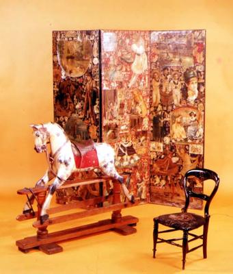 Victorian Nursery furnishings. Late 19th century rocking horse, mid-19th century scrapwork screen an od 