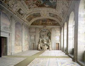View of the 'Sala d'Ercole' (Hall of Hercules) on the piano nobile, with a fountain at the far end (