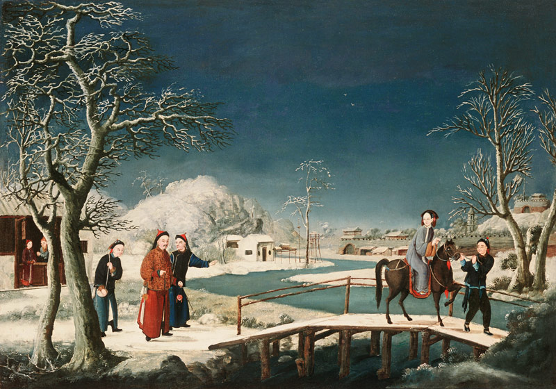 Winter: A Frozen River Landscape With A Lady On A Horse Crossing A Bridge od 