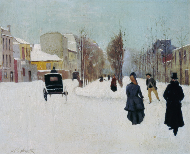 French street scene with snow (oil on metal) od Norbert Goeneutte