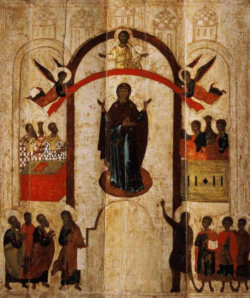 The Protection of the Theotokos (Mother of God) Russian icon from the Zverin Monastery od Novgorod School
