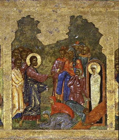 The Raising of Lazarus, Russian icon from the iconostasis in the Cathedral of St. Sophia od Novgorod School