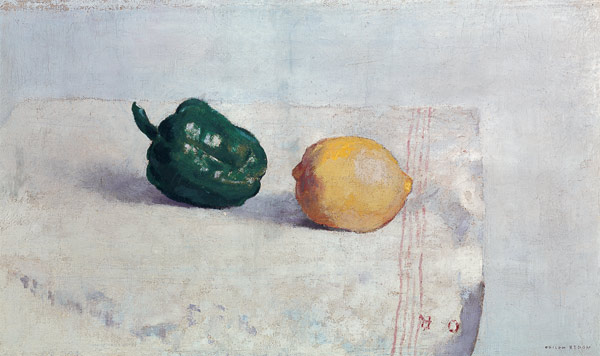 Pepper and Lemon on a White Tablecloth od Odilon Redon
