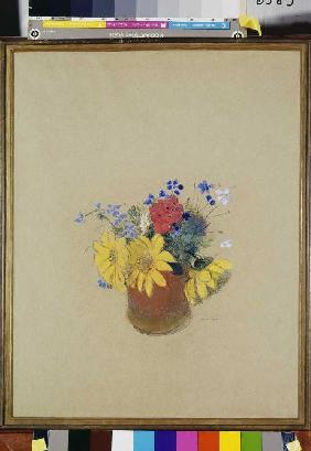 Flower silences from sunflowers and geraniums in a brown vase