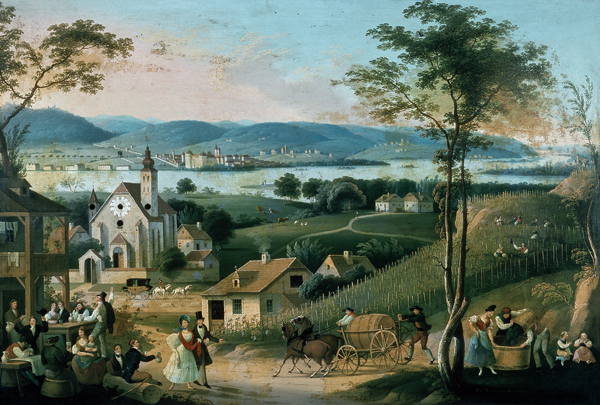 Look of a Viennese Heurigen suburb over the Danube with Vintage and Drink Scene od Österreichischer Maler