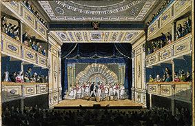 Performance of Ferdinand Raimund's "The smallholder as a millionaire" in the Leopoldstäd Theatre Vie od Österreichischer Maler