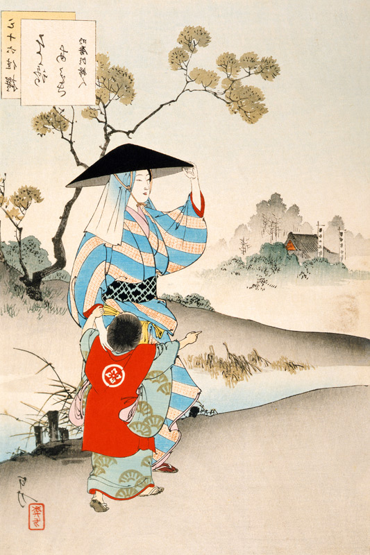Woman and child (colour print) od Ogata Gekko