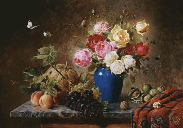 Rosenstrauß, Pfirsiche, Walnüsse und Weintrauben auf einer Marmorplatte od Olaf August Hermansen