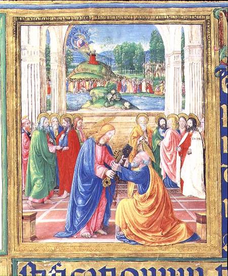 Ms 542 f.3v Christ giving the keys to St. Peter, in the background God delivers the Tablets of the L od or di Giovanni Monte del Fora