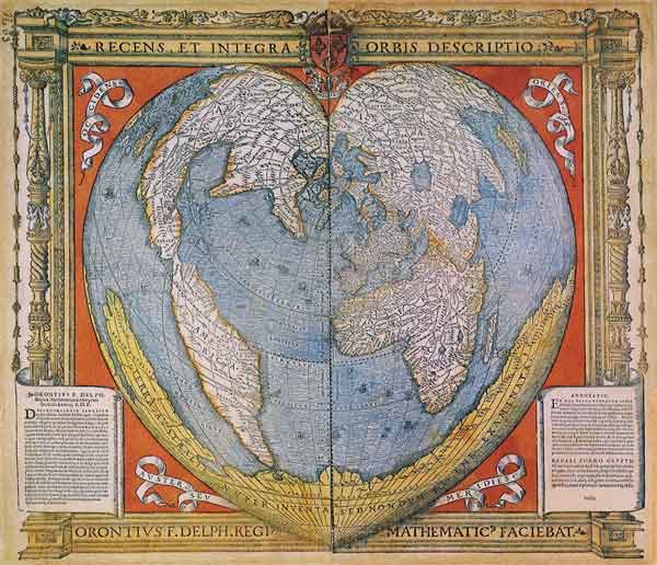 Heart Shaped World Map od Oronce Fine