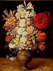 Lilies, Päonien, tulips, roses and other flowers in brown clay jug od Osias Beert I.