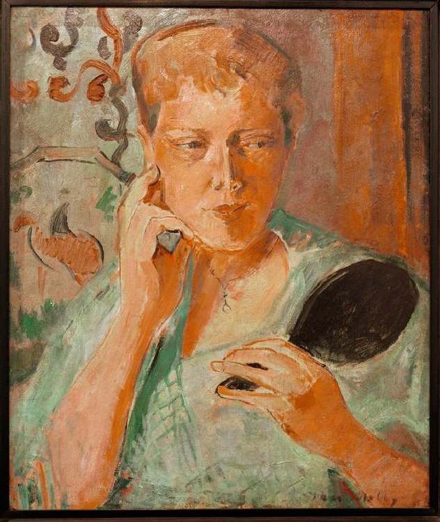 Portrait Margarethe with black hand mirror od Oskar Moll