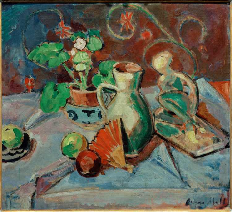 Still life with a white pitcher, plastic, fans and oranges od Oskar Moll