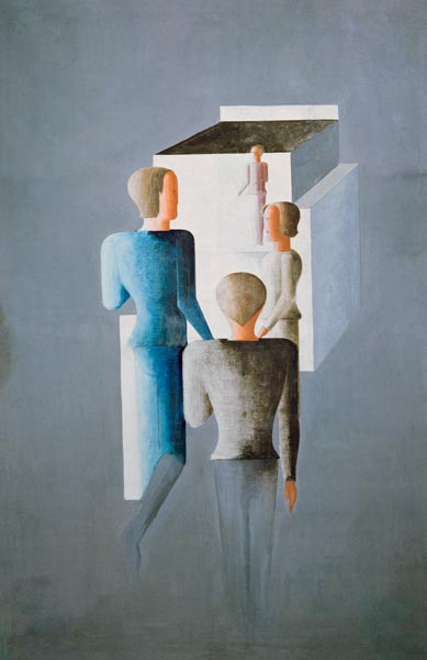 Four figures and a cube od Oskar Schlemmer