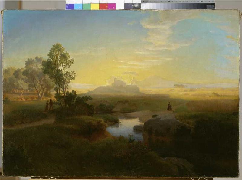Abendliche Landschaft mit einem im Gegenlicht liegenden Felsmassiv od Oswald Achenbach