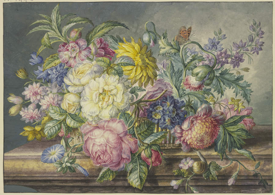 Blumenstrauß in einem Korb, dabei eine Schnecke und ein Schmetterling od Oswald Wijnen