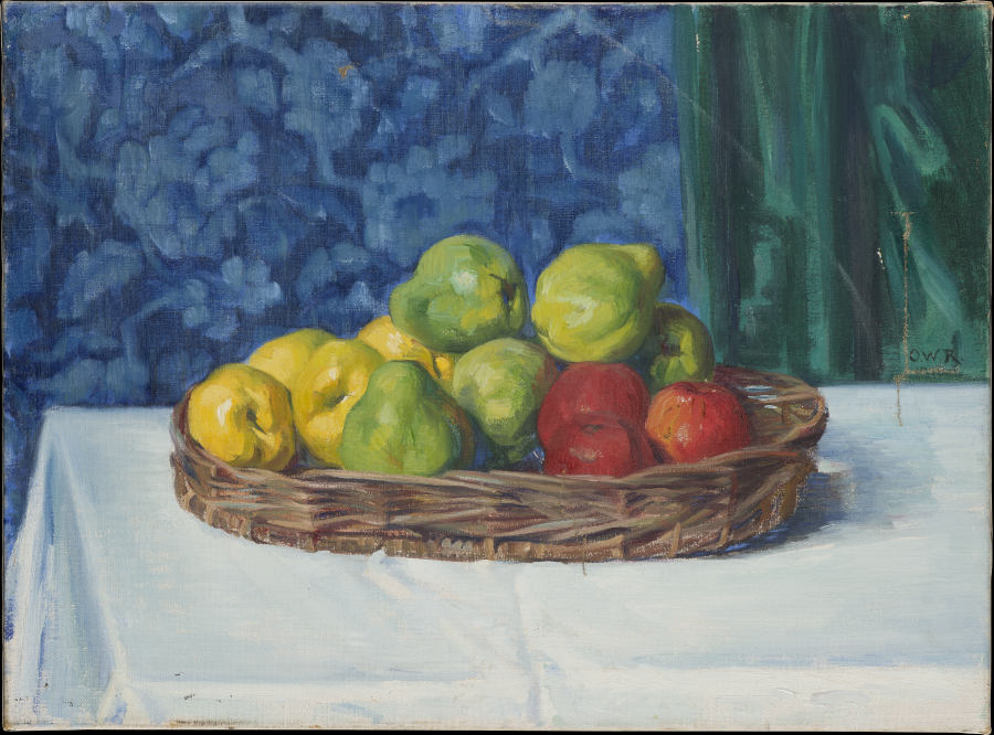 Still Life: Basket with Fruit on a Table in front of a Curtain and Wallpaper od Ottilie Roederstein