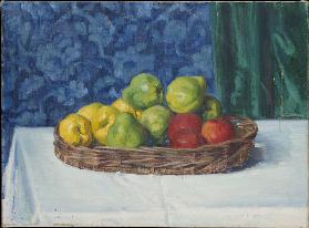 Still Life: Basket with Fruit on a Table in front of a Curtain and Wallpaper
