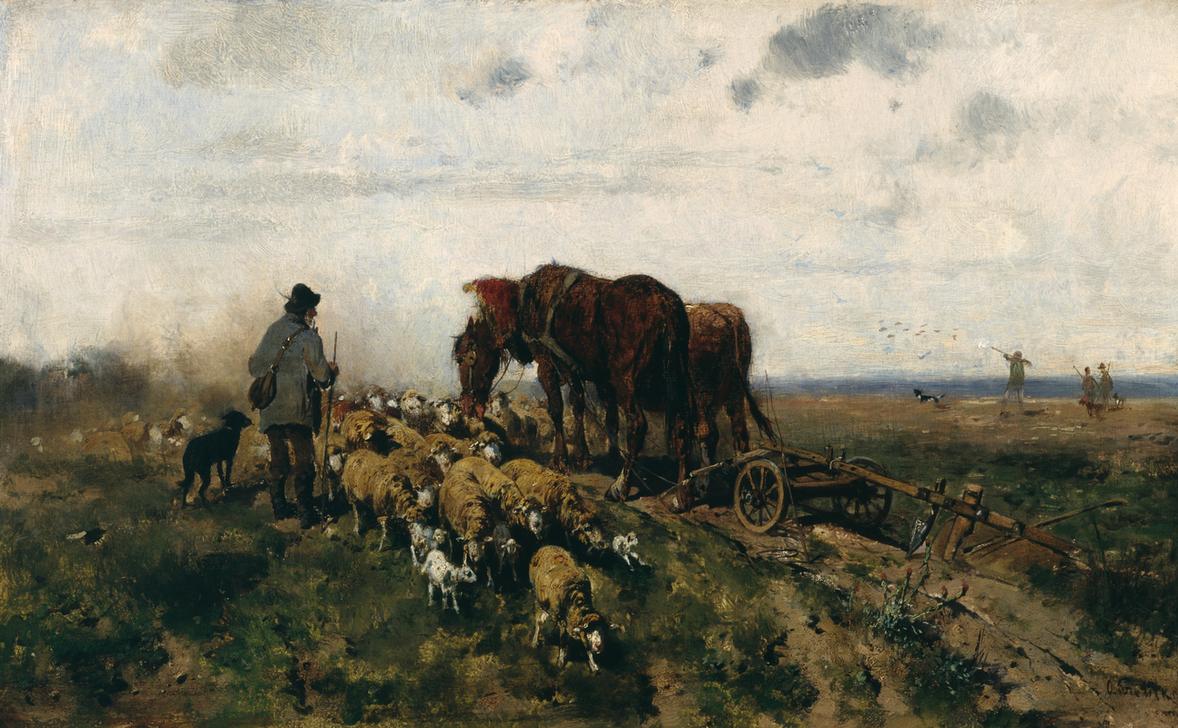 Schäfer mit seiner Herde neben einem von zwei Ackergäulen gezogenen Pflug od Otto Gebler