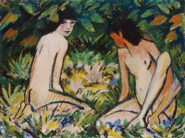 Two girls in the greenery od Otto Mueller