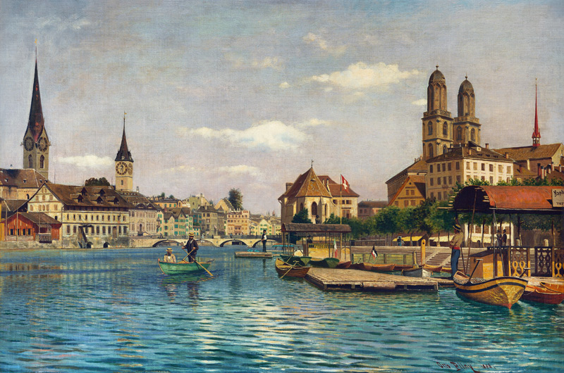 Zürich mit dem Limmat mit Blick auf die Fraumünsterkirche, St.Peter, das Helmhaus und Großmünster od Otto Pilny
