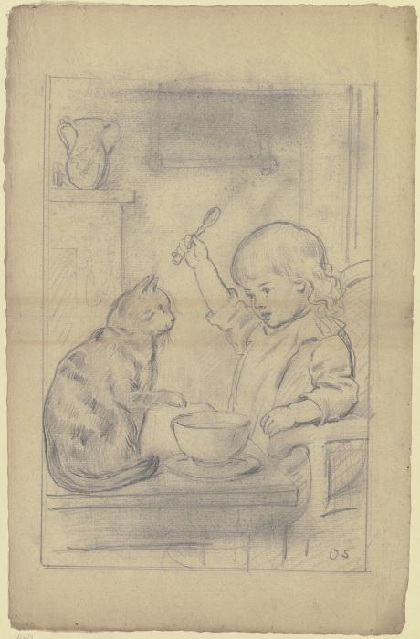 Kind am Esstisch mit Katze od Otto Scholderer