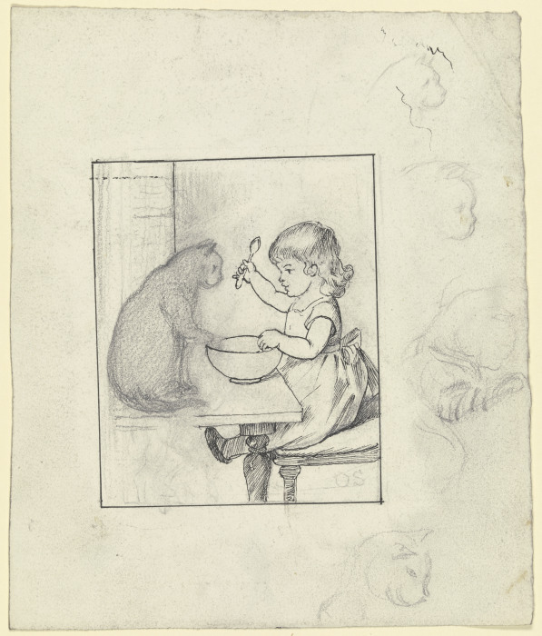 Kind am Esstisch mit Katze, rechts vier Skizzen eines Katzenkopfes im Profil od Otto Scholderer