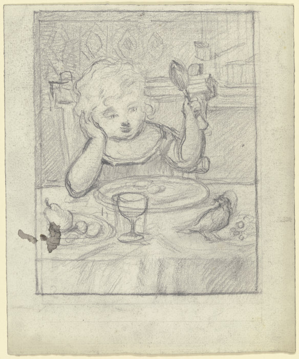Kind am Tische mit Löffel und Vogel od Otto Scholderer