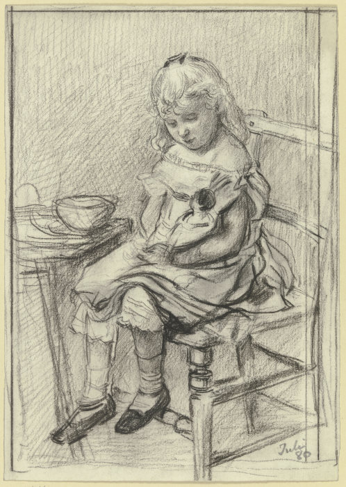 Kleines Mädchen, eine Puppe fütternd od Otto Scholderer